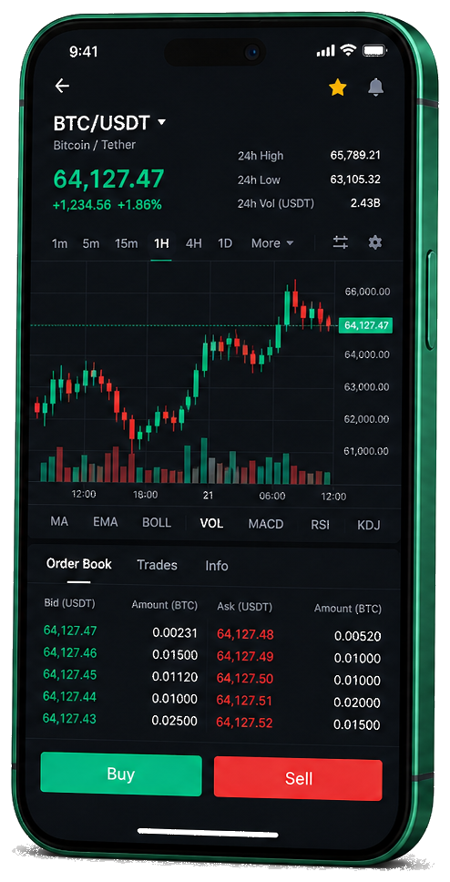 Plataforma de trading Index Maxalt +Lab no celular — gráfico BTC/USDT ao vivo, livro de ofertas e interface de compra e venda